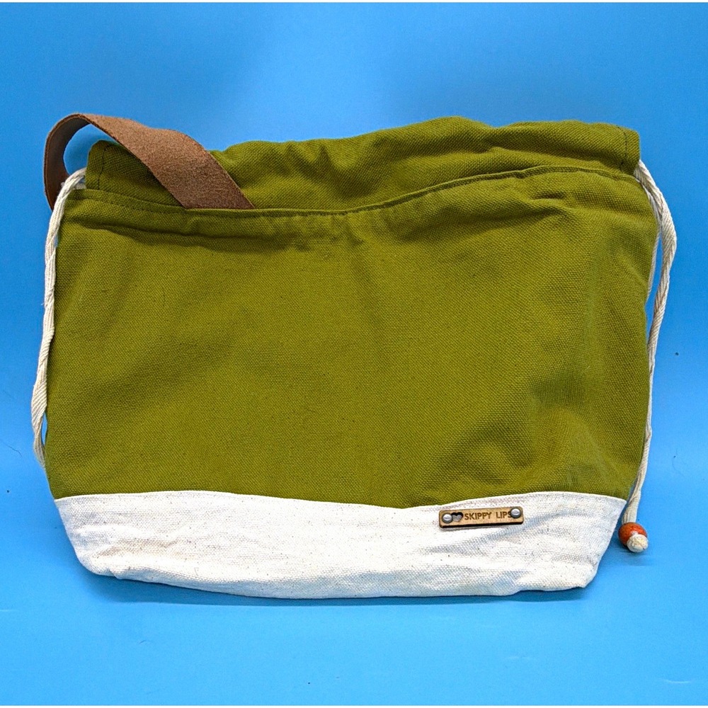 Skippy Lips Canvas Knitting Project Bag Drawstring Tote Olive Green/Cream